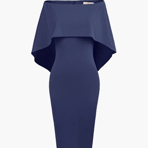 Women's Off Shoulder Batwing Cape Slim Midi Dress, Navy, Small - Picture 1 of 7